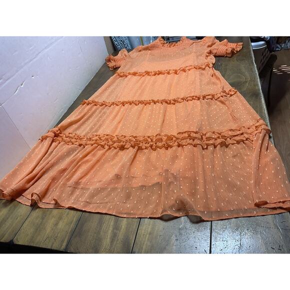 Double D Ranch Orange Ruffle Smocked Maxi Prairie Dress Large Whimsical - Picture 2 of 15